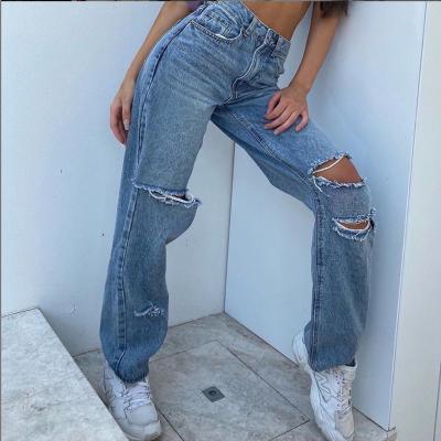 China New Design Women Friend Jeans Sable Straight Leg Pants High Waist Ripped Jeans Women for sale