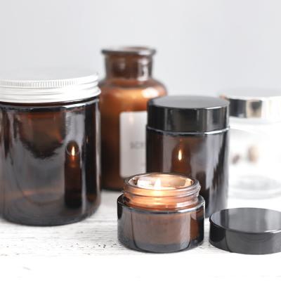 China Home Decoration Candle Jars Customized Unique Amber Glass Label Gold Candle Jar With Metal Lid Wholesale for sale