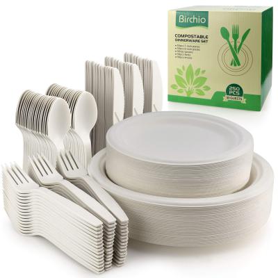 China Factory 250 Pcs Sugarcane Bagasse Dishes Disposable Kitchenware Tableware Sets High Quality Tableware for sale