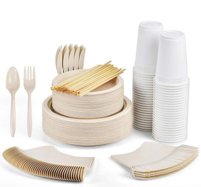 China Disposable Paper Plates Cups Disposable Tableware Set Compostable Sugar Cane Cutlery for sale