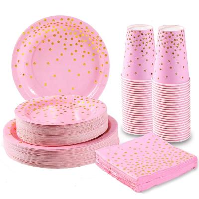 China Custom Disposable Biodegradable Rose Gold Dot Paper Napkin Cup Tableware Party Paper Plate Set for sale