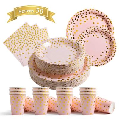 China MyMoonPie Disposable Rose Gold Dot Disposable Paper Napkin Cup Tableware Party Paper Plate Set for sale