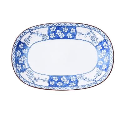 China RTS Viable Monochromesk Chinese Style Plum Blossom Splint 12 Inch Oval Ceramic Plate Dish for sale