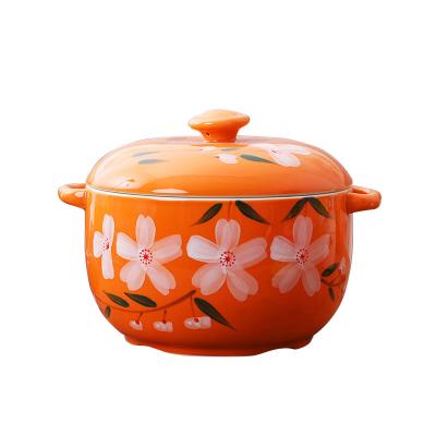 China Sustainable Chinese Hand Painted Ceramic Bowl With Fitted Cover And Handle Bowl Casserole 1000ml For Home And Restaurant for sale