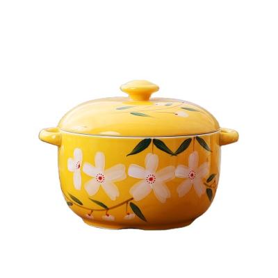 China Sustainable Chinese Hand Painted Ceramic Bowl With Fitted Cover And Handle Bowl Casserole 1000ml For Home And Restaurant for sale