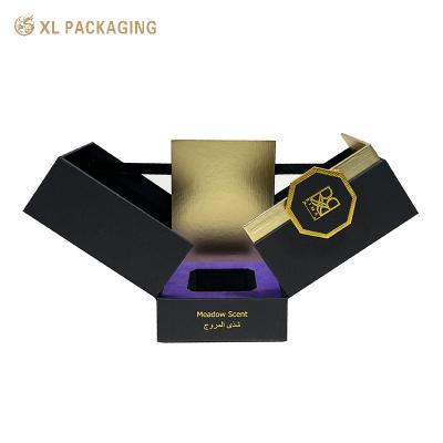 China Two Door Open Magnet Perfume Paper Box Black EVA Foam Insert Texture Paper Box for sale