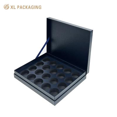 China Empty Blue Paper Packaging Boxes Ribbon Linked Lid Hinged Paper Box For Food Can for sale