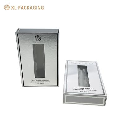 China Magnet Silver Luxury Cosmetic Paper Box Fragrance Perfume Box With Window for sale