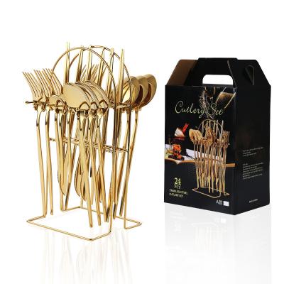 China Amazon Stocked Sales Hot Selling 24 Pcs Gold Flatware 304 Stainless Steel Cutlery Sets With Box Gift Set Flatware 24pcs Sets for sale