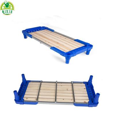 China Modern Design Kindergarten Single Bed Stackable Kids Bed Plastic Wooden Kids Bed Furniture for sale