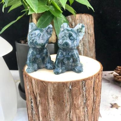 China China Wholesale Natural Quartz Carved Cute Animal French Bulldog Statue Crystal Moss Agate Carving For Gift for sale