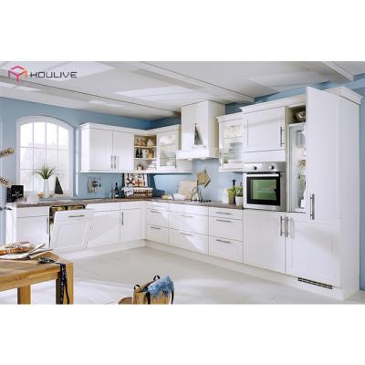 China Durable cheap white kitchen with solid wood base and wall cabinets for sale