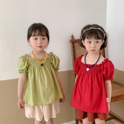 China Girls Solid Color Cotton Puff Sleeve Jacquard T-shirt All-match Superior Original Cotton Newborn Girl's T-shirts Princess Anti-Shrink for sale