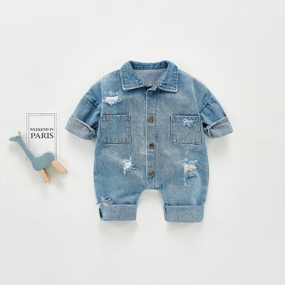 China 2022 New Arrival Ripped Denim Boy Rompers Casual New Denim One Piece Overalls Girl Single Breasted Toddler Kids Denim Rompers Pants for sale