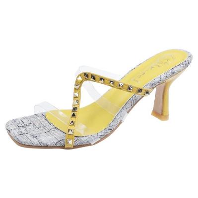 China 2021 spring rivet news fashion trend patchwork color women's sequins women's transparent thin sandals square toe high heel slippers slippers for sale