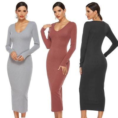 China Slim anti-static cheap women knit mine stripe skirt autumn ladies sweater dress long sleeve V-neck sexy push-up tight dress for sale