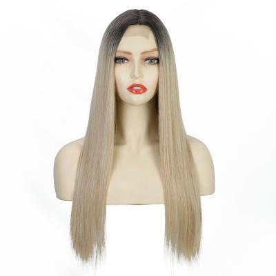 China Silky Straight Wave 24 Inch Wig Free Cap Dark Roots Long Straight Lace Front Wig For Women Synthetic Hair Wigs for sale