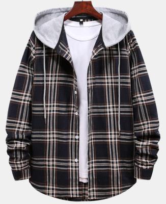 China Reversible Men's Classic Long Sleeve Shirt Drawstring Cardigan Coat Casual Lightweight Plaid Button Down Jackets With Hooded for sale