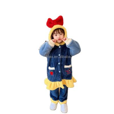 China Girls Cartoon Flannel Contrast Bow Breathable Nightgown Double Sided Hooded Nightpants Winter Home Suit for sale