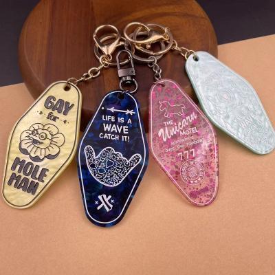 China Custom Promotional Gift Logo Laser Cutting Blank Plastic Cute Hot Stamping Printed Glitter Marbling Acrylic Motel Room Hotel Key Chain for sale