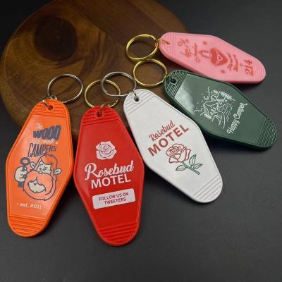 China Custom Promotional Cute Retro Vintage Acrylic Plastic Hotel Guest Room Promotional Gift Logo ABS White Hot Stamping Printed Key Chain for sale