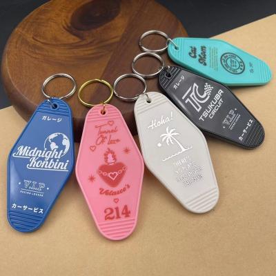 China Custom Promotional Cute Retro Vintage Acrylic Plastic Hotel Guest Room Promotional Gift Logo ABS White Hot Stamping Printed Key Chain for sale