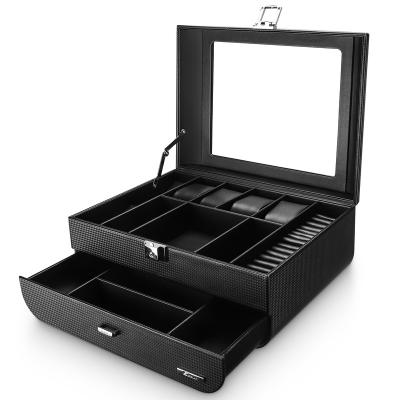 China Rings Black Leatherette Carbon Fiber Jewelry Organizer Storage MDF Display Jewelry Case Table for sale