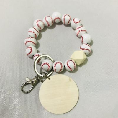 China Wholesale Wooden Baseball Bracelet Football Basketball White Pearl Bracelet Fashion Design Monogram Key Chain for sale