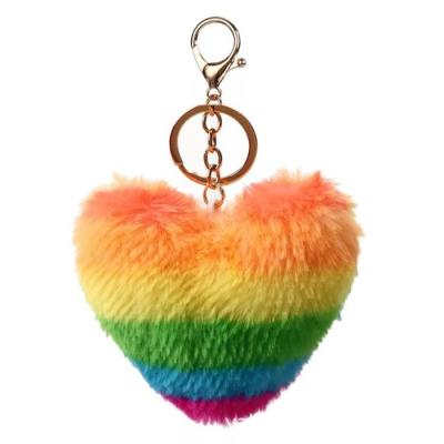 China More color for choose bulk sale fashion heart rainbow pom pom key chain for sale