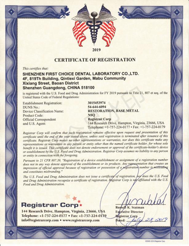 CERTIFICATE OF REGISTRATION - Shenzhen WM Dental Laboratory Co,. Ltd