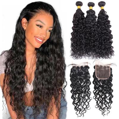 China Virgin 1b# Water Soft Wave Brazilian Human Hair 3 Bundles With Brazilian Hair Lace Frontal Closure for sale