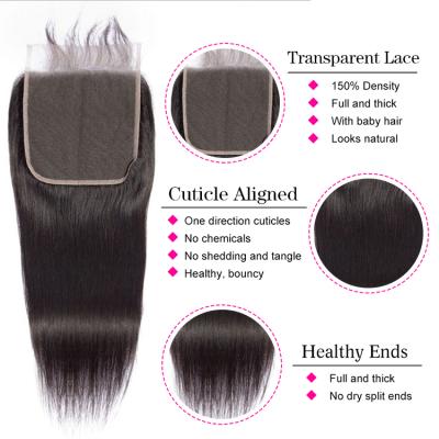 China Soft Virgin Cuticle Aligned Human Hair 5x5 Transparent HD Lace Up Closure 10A Grade Virgin Hair Wholesale for sale