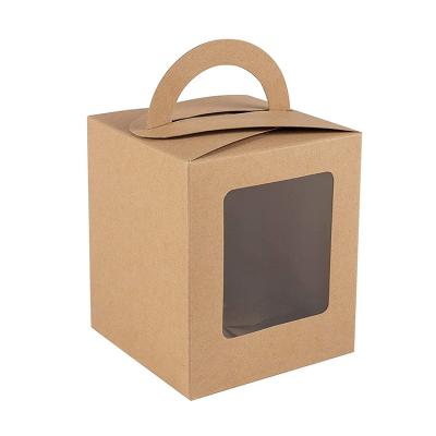 China Disposable Recycled Square Kraft Paper Candy Gift Box With Clear Window And PVC Handle for sale