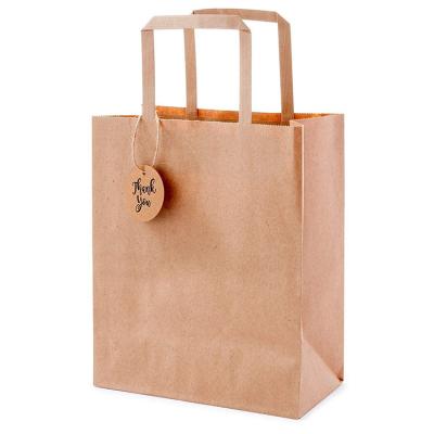 China Recyclable Eco Friendly Flat Handle Kraft Paper Brown Shopping Take Away Paper Bag With Custom Logo for sale