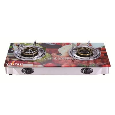 China Hotel Table Tempered Glass 2 Cast Iron Burner With Flame Cover Stainless Steel Brass Body for sale