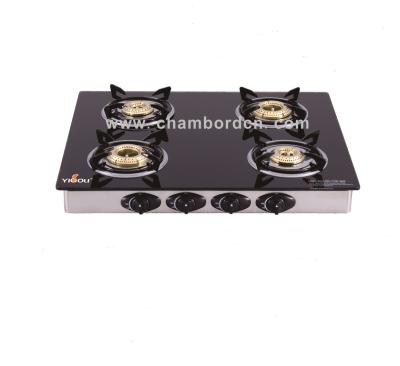 China Hotel Commercial And Household Table Tempered Glass Panel Cast Iron 4 Burner With Brass Cap Gas Cooktop for sale