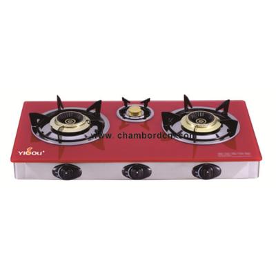 China YG-B9004 Hotel Table cast iron 3 burner gas stove with brass cap and stainless steel tempered glass gas cooktop for sale