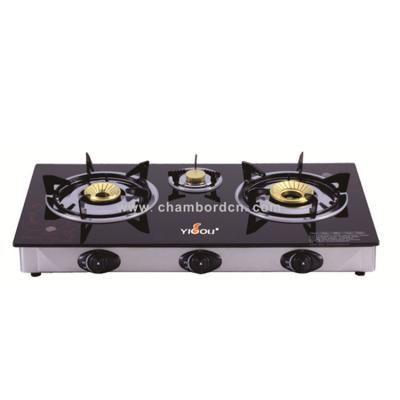 China YG-B9009 Hotel Table Cast Iron 3 Burner Gas Stove with Brass Cap and Stainless Steel Tempered Glass Gas Cooker for sale