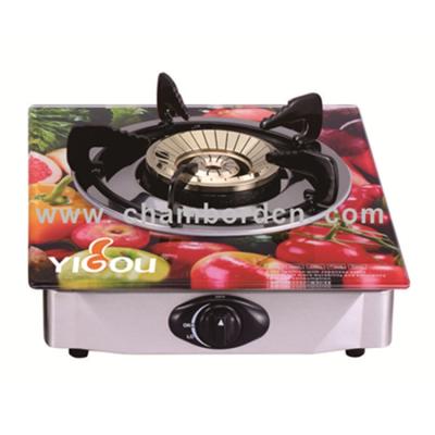 China Hotel hot sale tempered glass gas stove with cast iron burner brass cooktop for sale