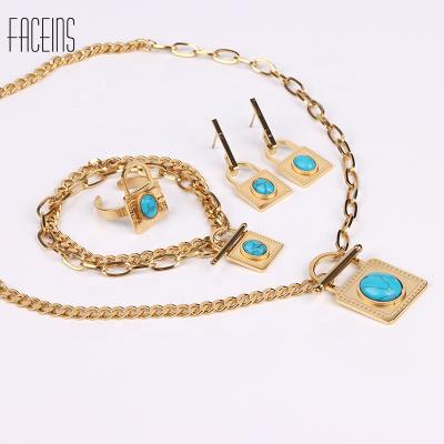 China Hyperbole FACEINS Fashion 18K Gold Plated Turquoise Stainless Steel Jewelry Set Part Lock Luxury Jewelry Sets Women for sale