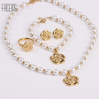 China Hyperbole FACEINS 18K Gold Plated Elegant Pearl Stainless Steel Jewelry Set Women Rose Bridal Jewelry Set for sale