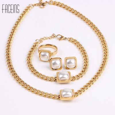 China 2021 Wholesale Hyperbole FACEINS Fashionable Simple Elegant Jewelry Sets 18k Gold Plated Pearl Jewelry Set For Wedding for sale