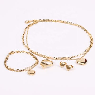 China FASHIONABLE FACEINS Double Heart Necklace Women 18K Gold Stainless Steel Jewelry Set Heart Bracelet Jewelry Set for sale