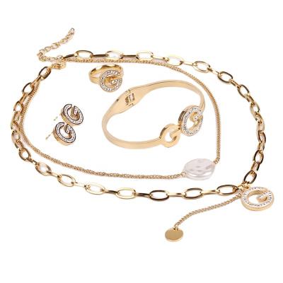 China TRENDY FACEINS Pearl Jewelry Set Women Letters Stainless Steel Jewelry Sets Gold Chain Necklace Jewelry Set for sale