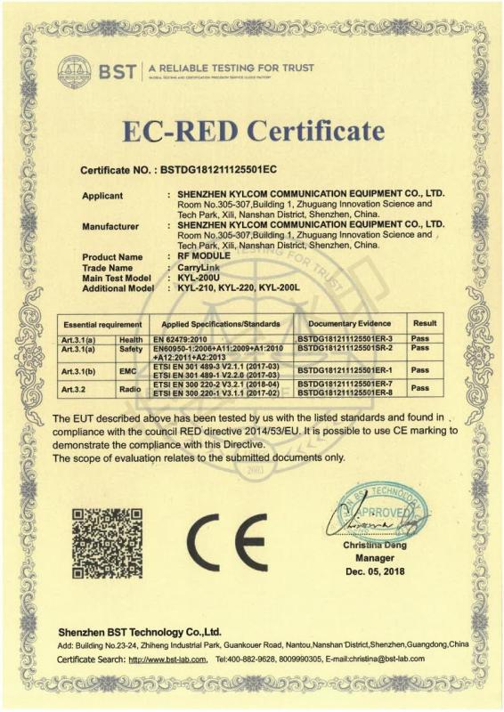 EC-RET Certificate - Shenzhen KYL Communication Equipment Co.,Ltd