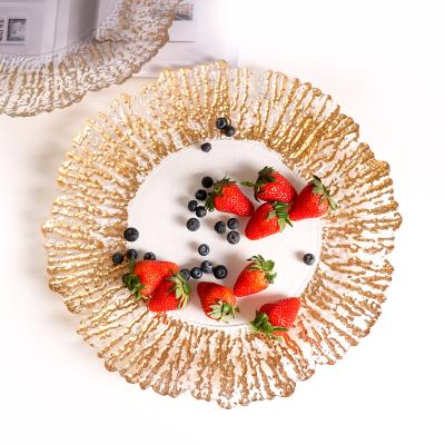 China In Stock Factory Price Disposable Clear Antique Gold Charger Decorative Glass Dish for Wedding Starburst Texture Dinner for sale