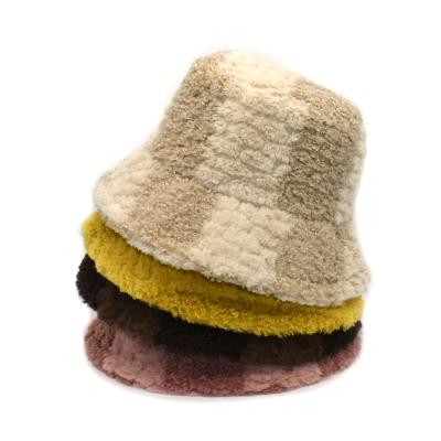 China Puffy Bucket Hats Sale Plaid Bucket Hat Wool Stripper Plaid Bucket Warm Winter Hats With String for sale