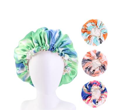 China High Quality Designed Silk Satin Hair Bonnets Tie Dye Satin Plangi Elastic Band Designer Bonnets With Suction String for sale