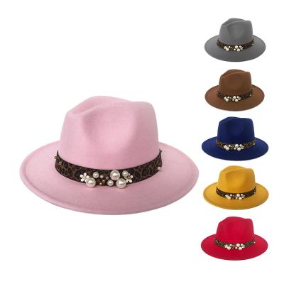 China Elegant Ladies Wide Brim Party Sombrero De Fieltro Wool Hats Women Brim Wide Cheap Fedora Hats With Pearls for sale