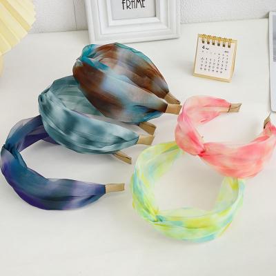 China Fashion Mesh Cross-tied Mesh Headband Wide Girl Tie Dye Headband Soft Wind Headbands For Women for sale